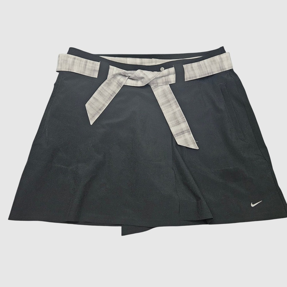 Nike Golf Skort Size 10 Black Gray Plaid Tie Belt Dri-FIT Athletic Skirt Wrap
